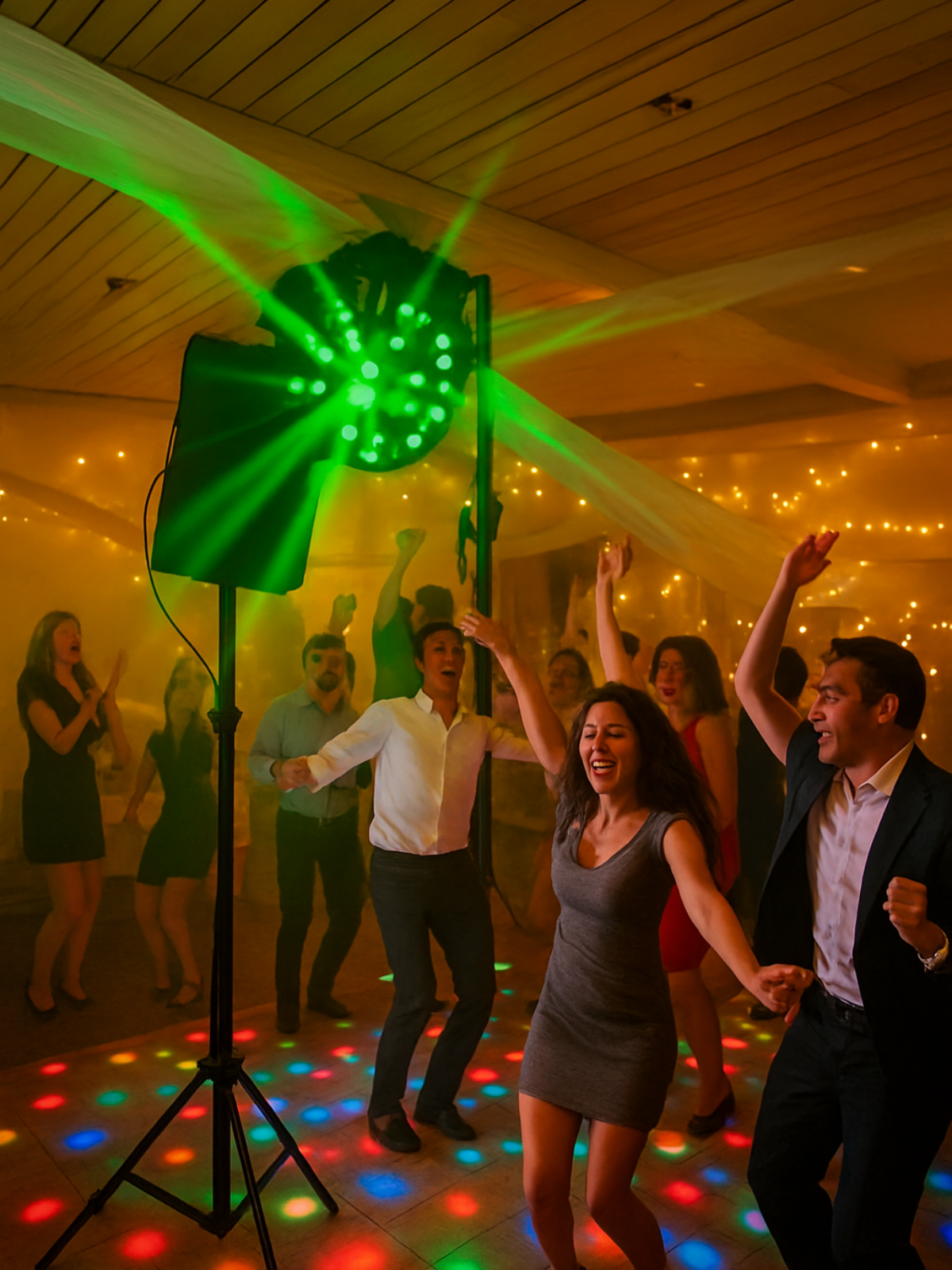 Tanzende Gäste im Scheinwerferlicht